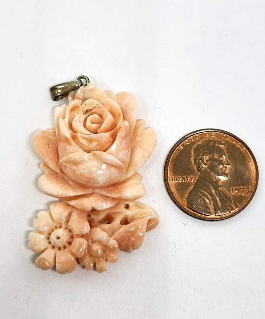 Carved Floral Angel Skin Coral Sterling Silver Pendant 1.5" Long