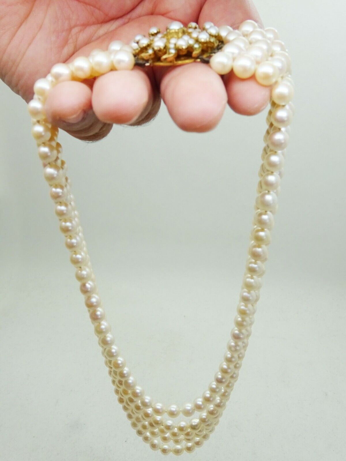 5-Strand Knotted Natural Pearl Necklace 9k Gold Signed DHJ 16”