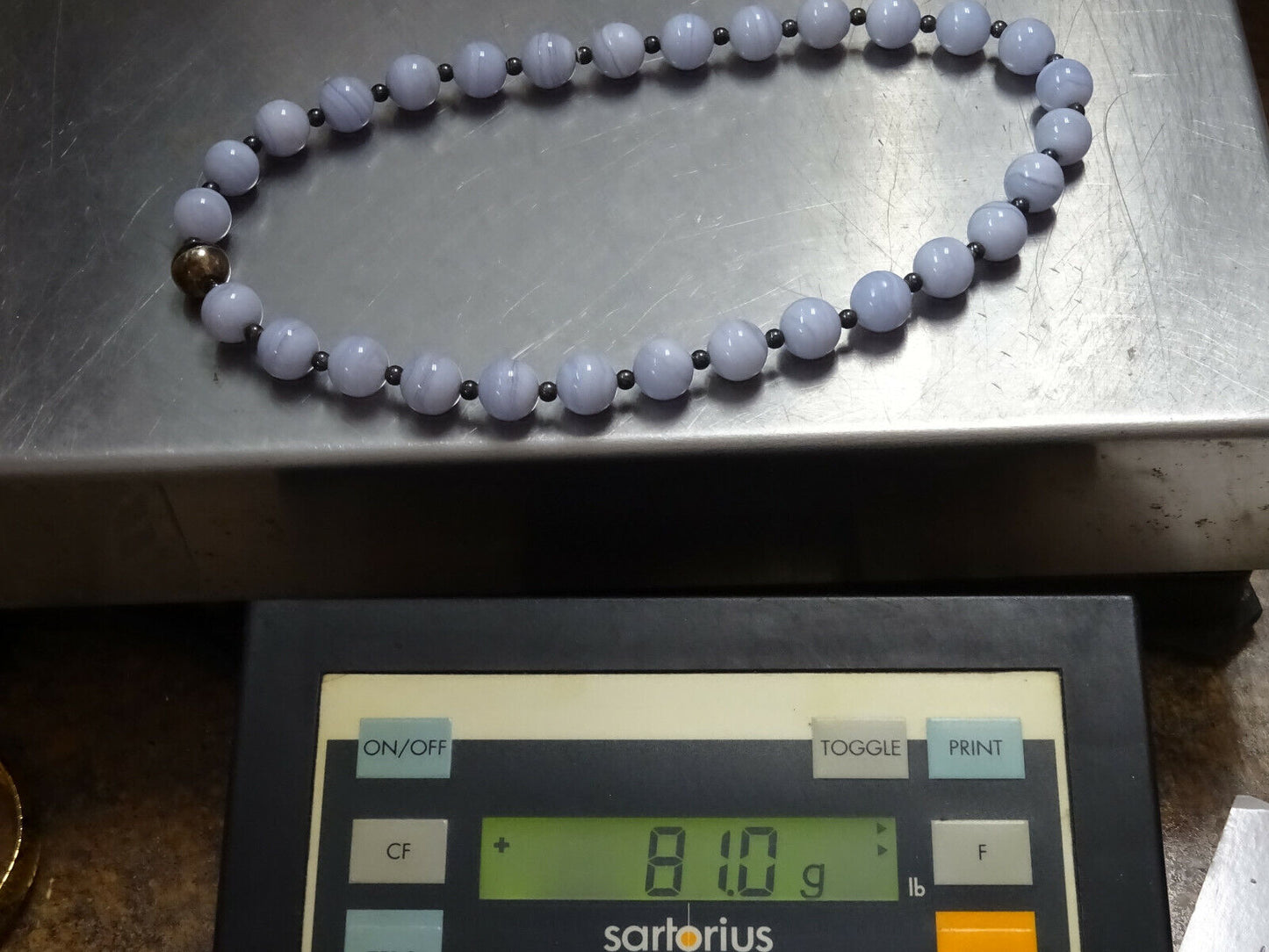 12mm Wide Blue Lace Agate Sterling Silver Bead Necklace 18" Long Magnetic Clasp