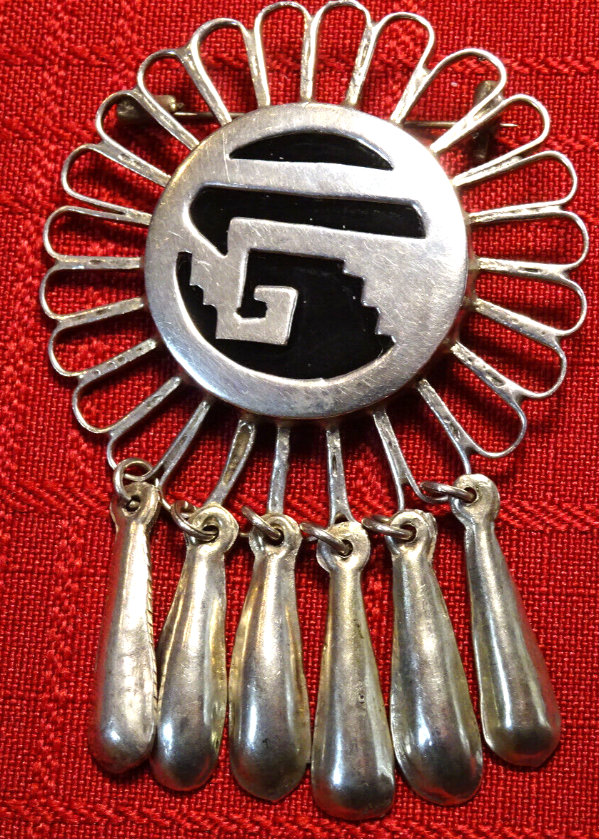 Vtg. Rare Old Pawn Taxco Sterling Silver Sun Brooch,Black Onyx Inlay 925, 20.1 g