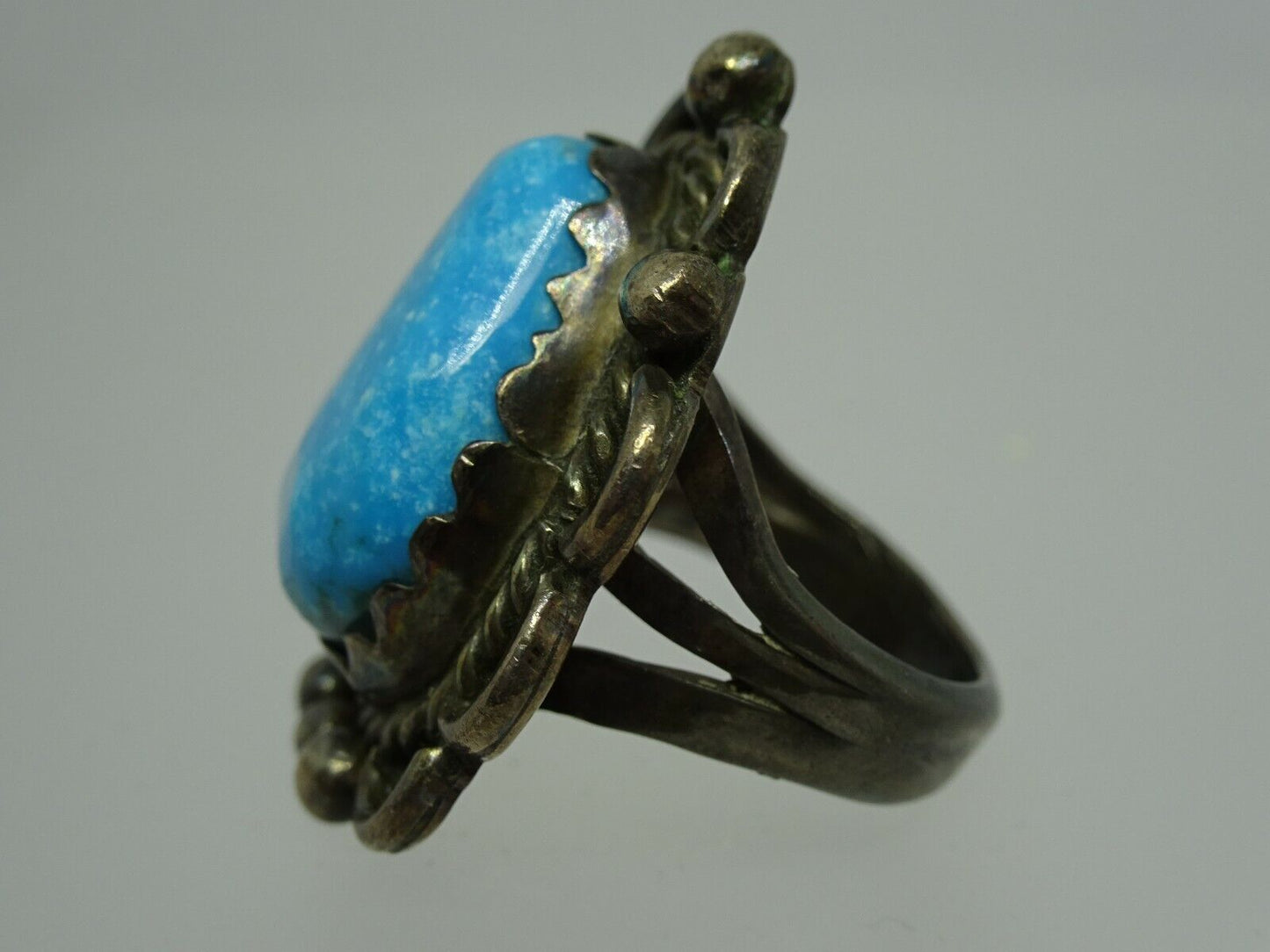 Old Pawn Native American Navajo Sterling Turquoise Ring Sawtooth Bezel Size 4.5
