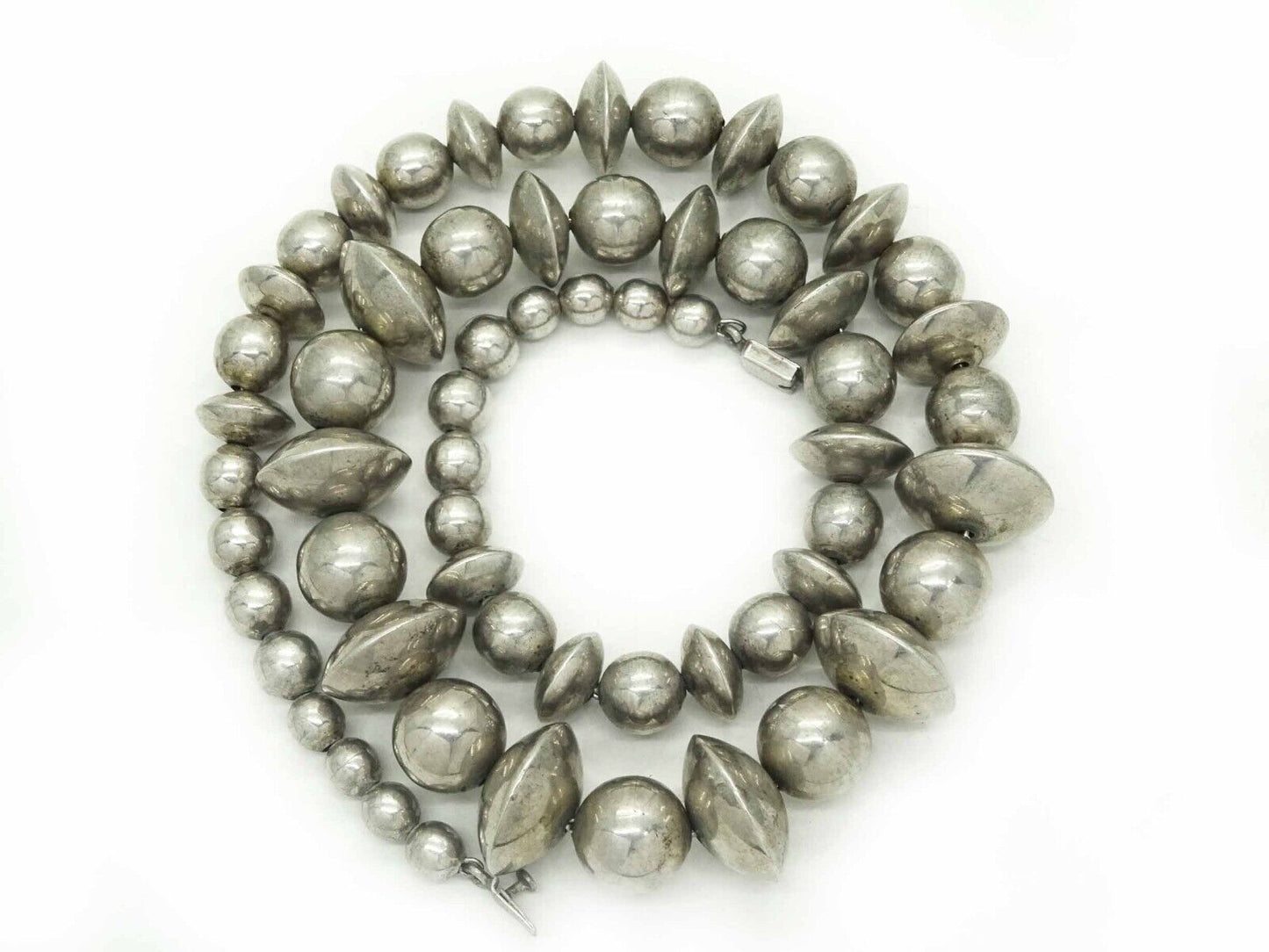 Vintage Mexico Sterling Silver Round & Saucer Bench Bead Necklace 28"