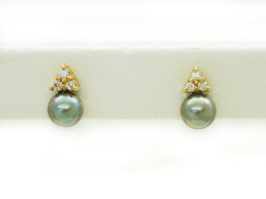 6mm Tahitian Pearl & Earth Mined Diamond Accent Stud Earrings 14k Gold