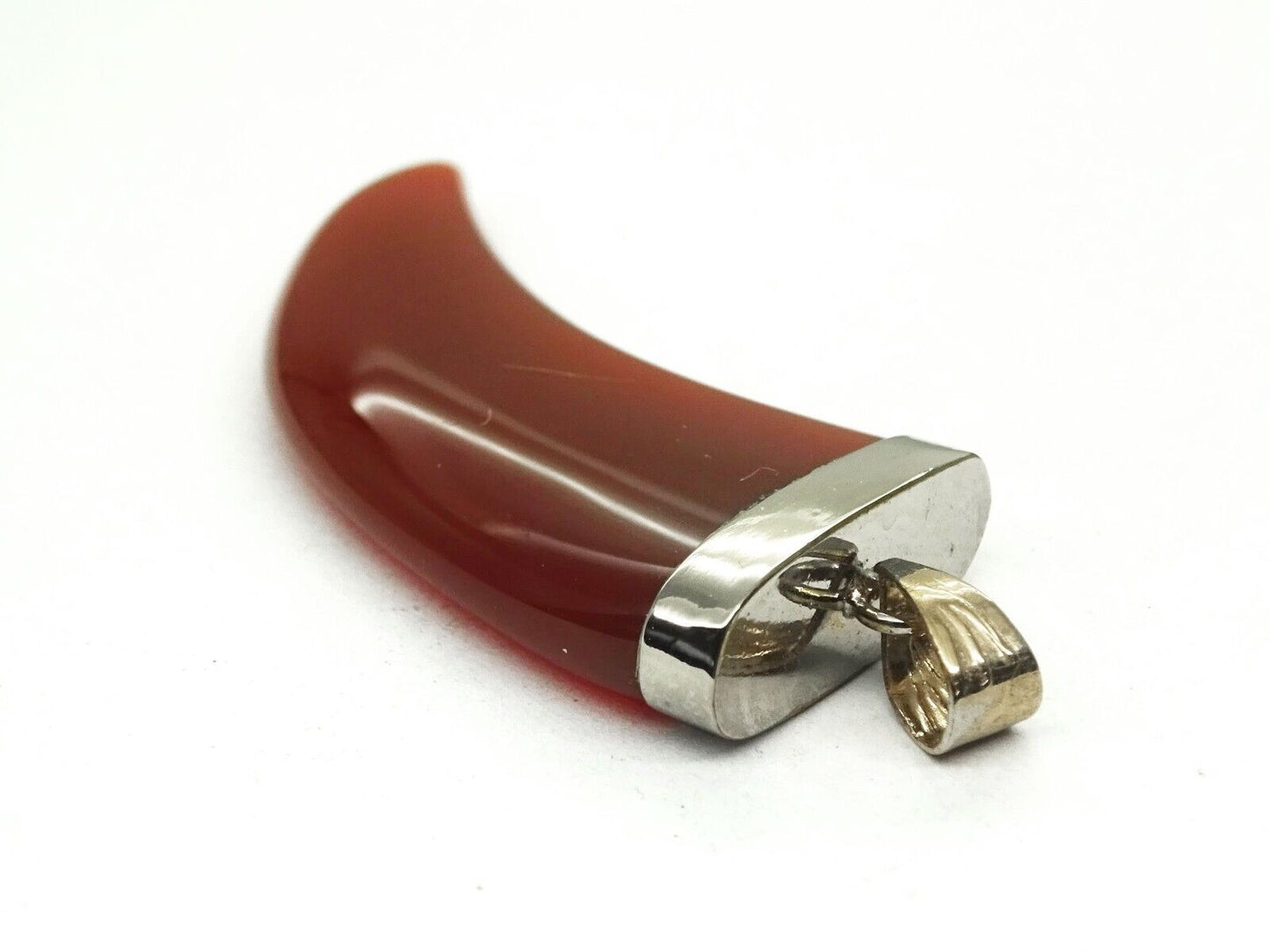 Large Carnelian Horn Shaped Pendant Rhodium Plated Setting New Old Stock