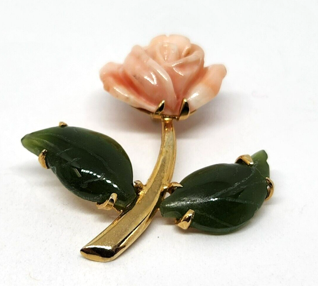 Carved Angel Skin Coral Rose Flower Nephrite Petals Gold Filled Pendant