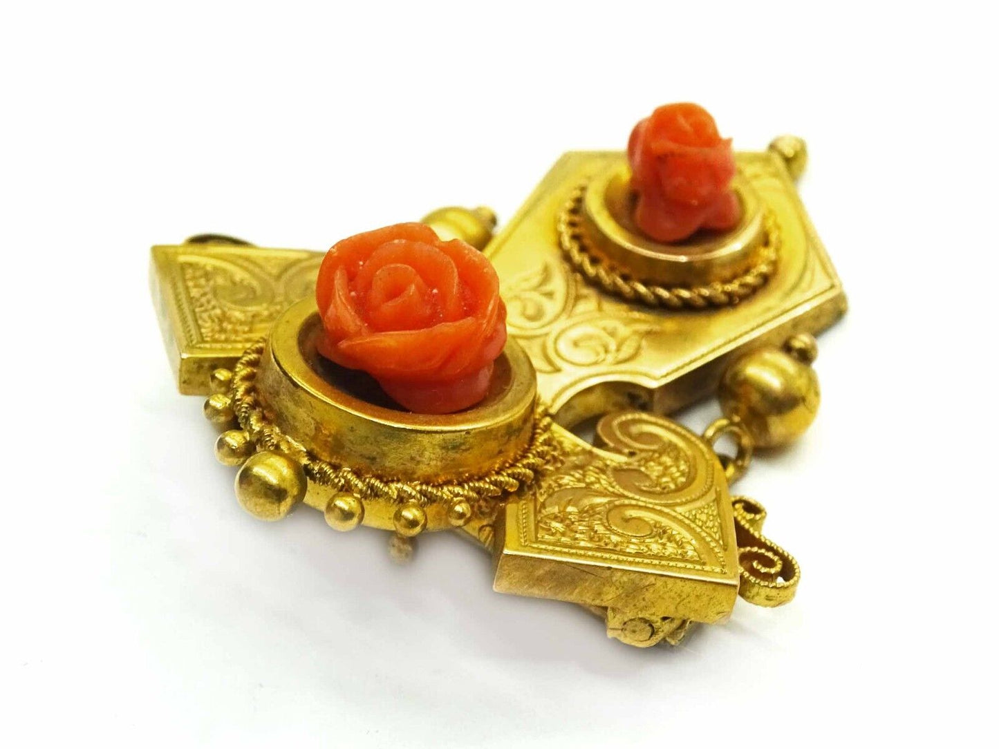 Victorian Hinged Carved Rose Red Coral Lavalier Brooch Pendant 16k Gold