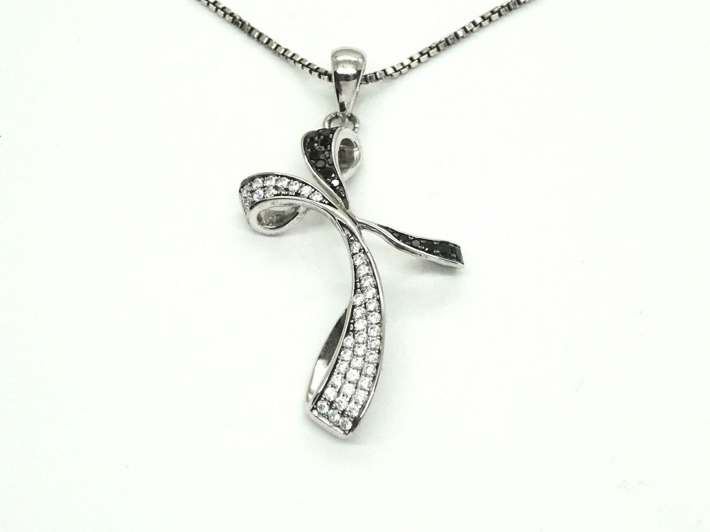 Black & White CZ Fancy Ribbon Cross Pendant Box Chain Sterling Silver