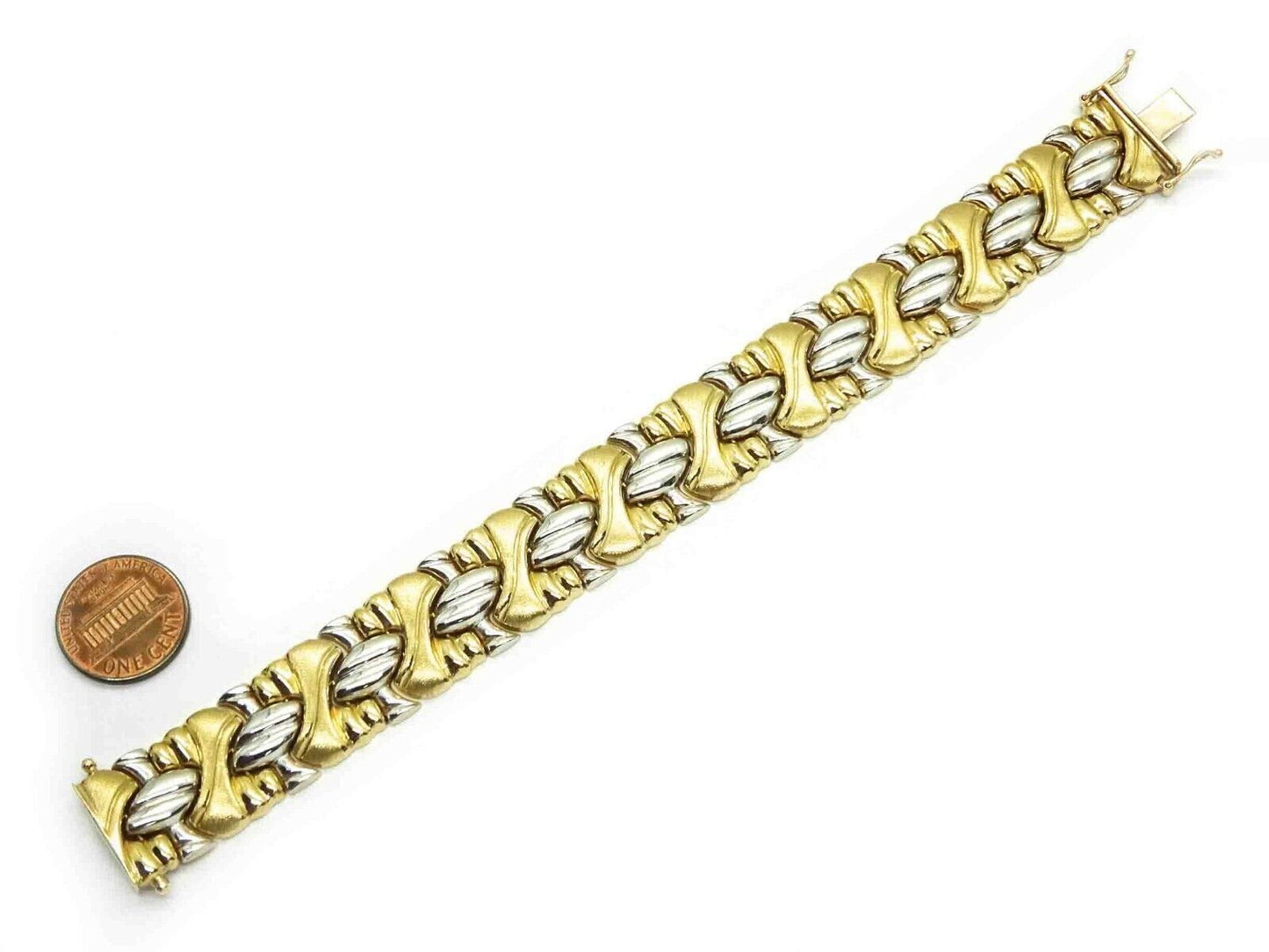 18mm Wide Two-Tone Panel Link Tennis Bracelet 14k Yellow & White Gold
