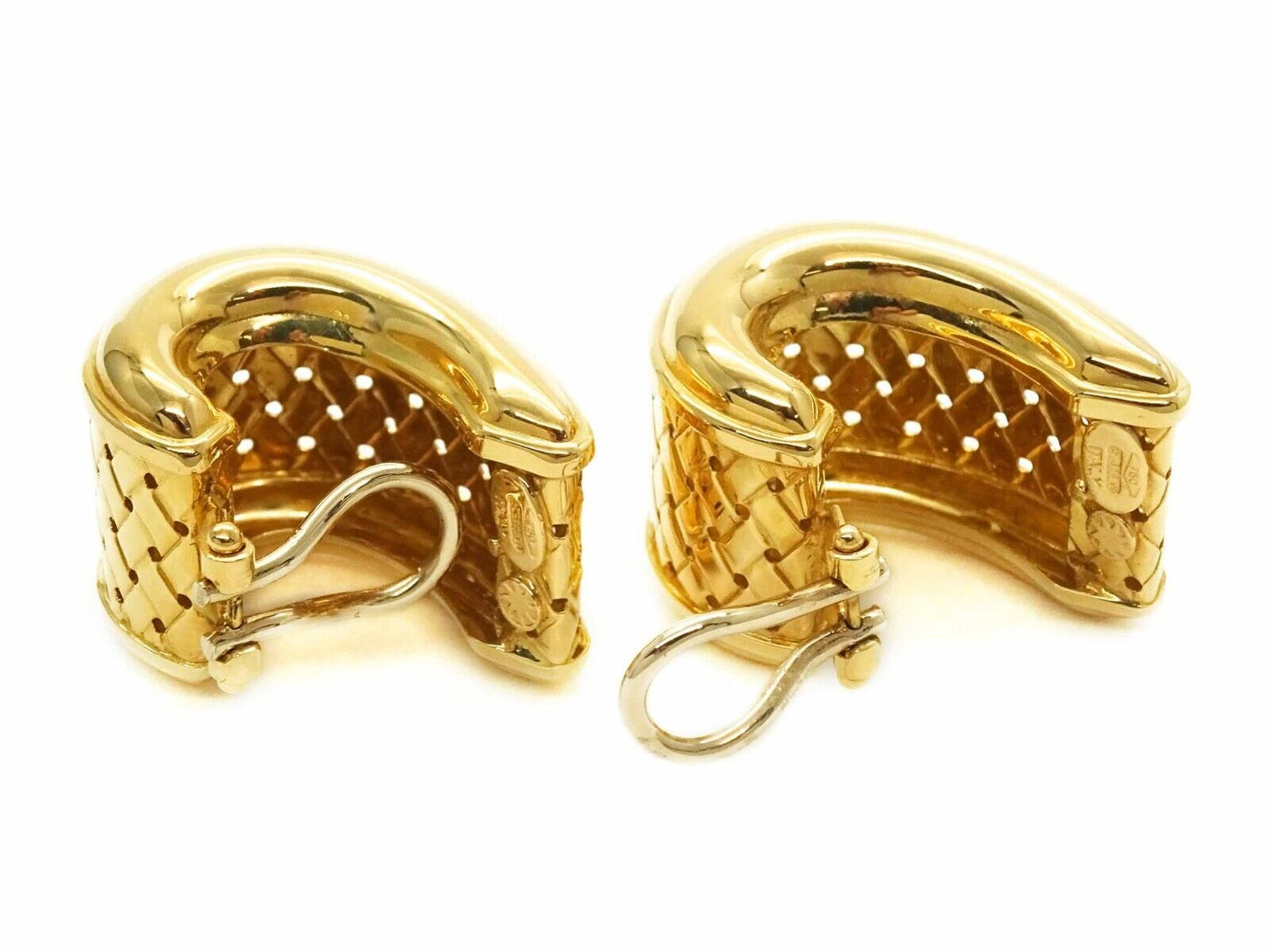 Le Gi Italian Designer Thick Weave J Omega Clip Not Pierced Earrings 18k Gold