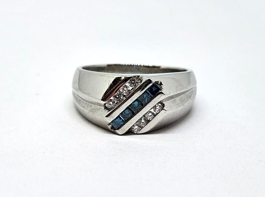 Men's 14k White Gold 0.5ct tw Princess Cut Blue & White Diamond Ring, Size 12