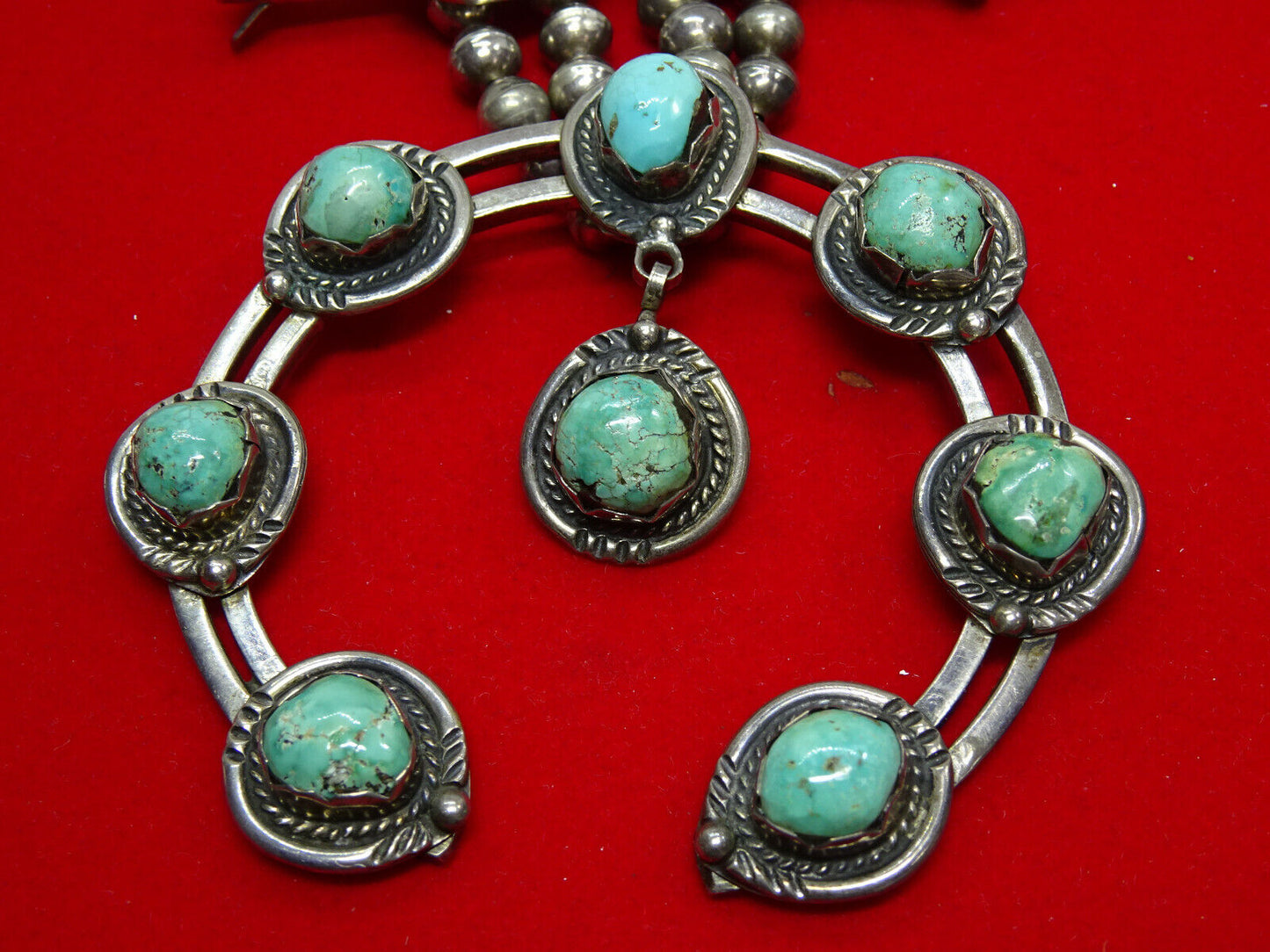 Vintage Southwestern Turquoise Nugget Squash Blossom Necklace 27" 240 Grams