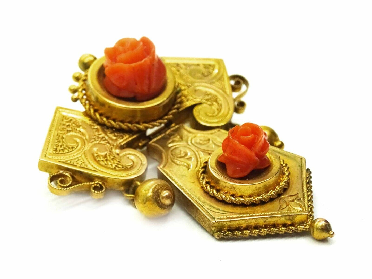 Victorian Hinged Carved Rose Red Coral Lavalier Brooch Pendant 16k Gold