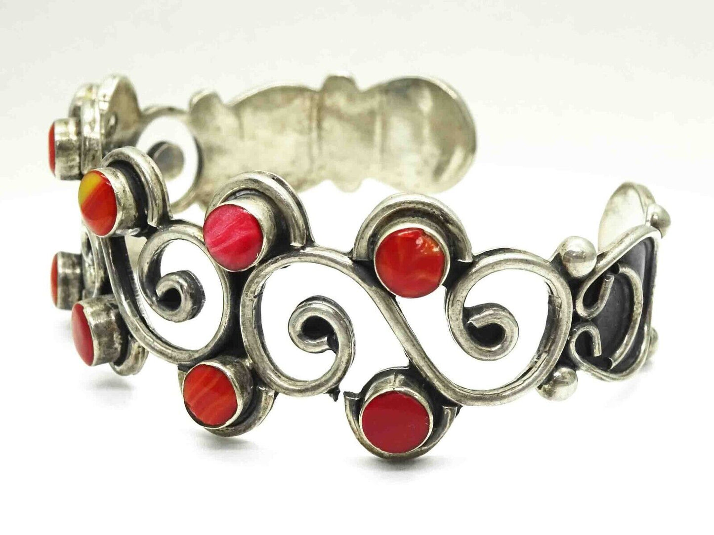Mexico Red Agate Cabochon Openwork Cuff Bracelet Sterling Silver