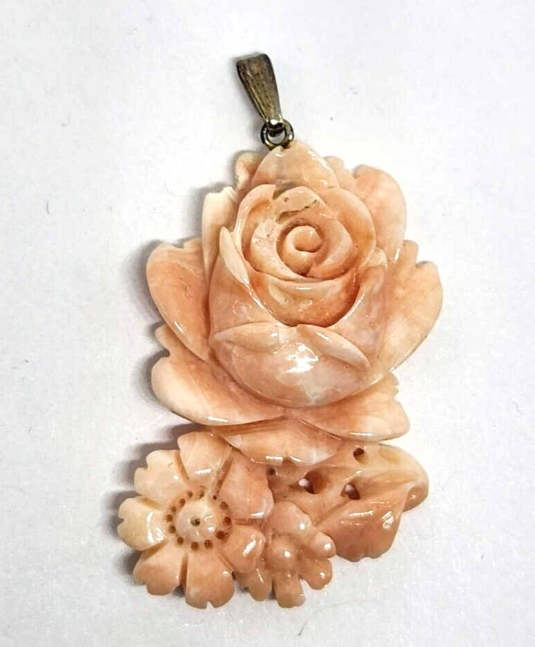 Carved Floral Angel Skin Coral Sterling Silver Pendant 1.5" Long