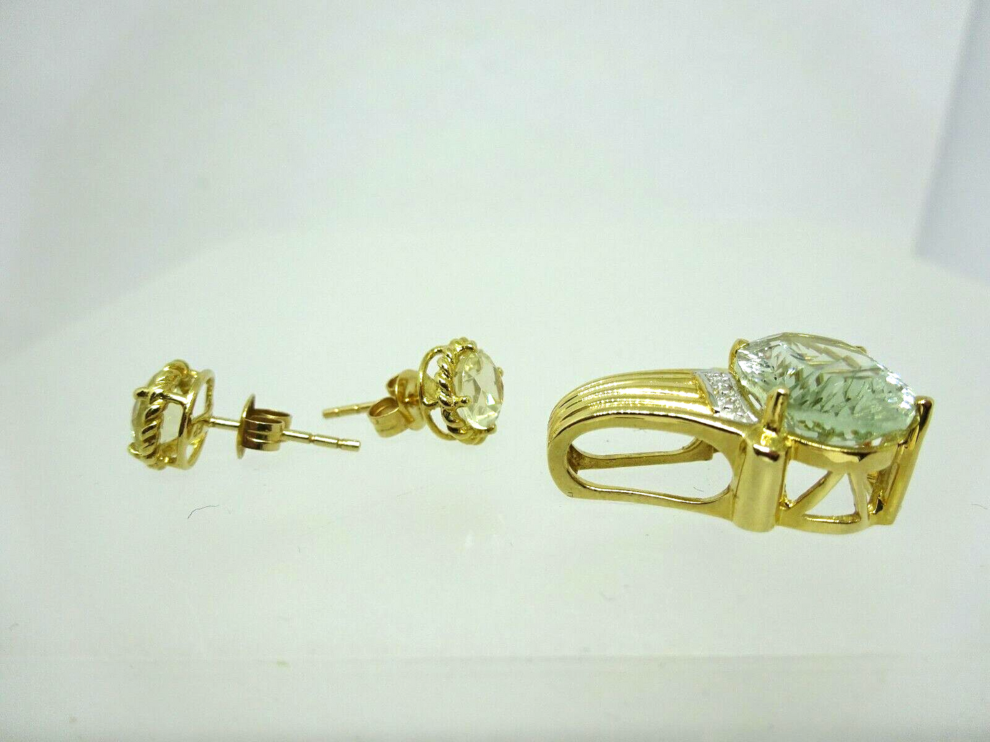 Prasiolite Round Quartz 8mm Earrings & 14mm Oval Pendant 10K Yellow Gold