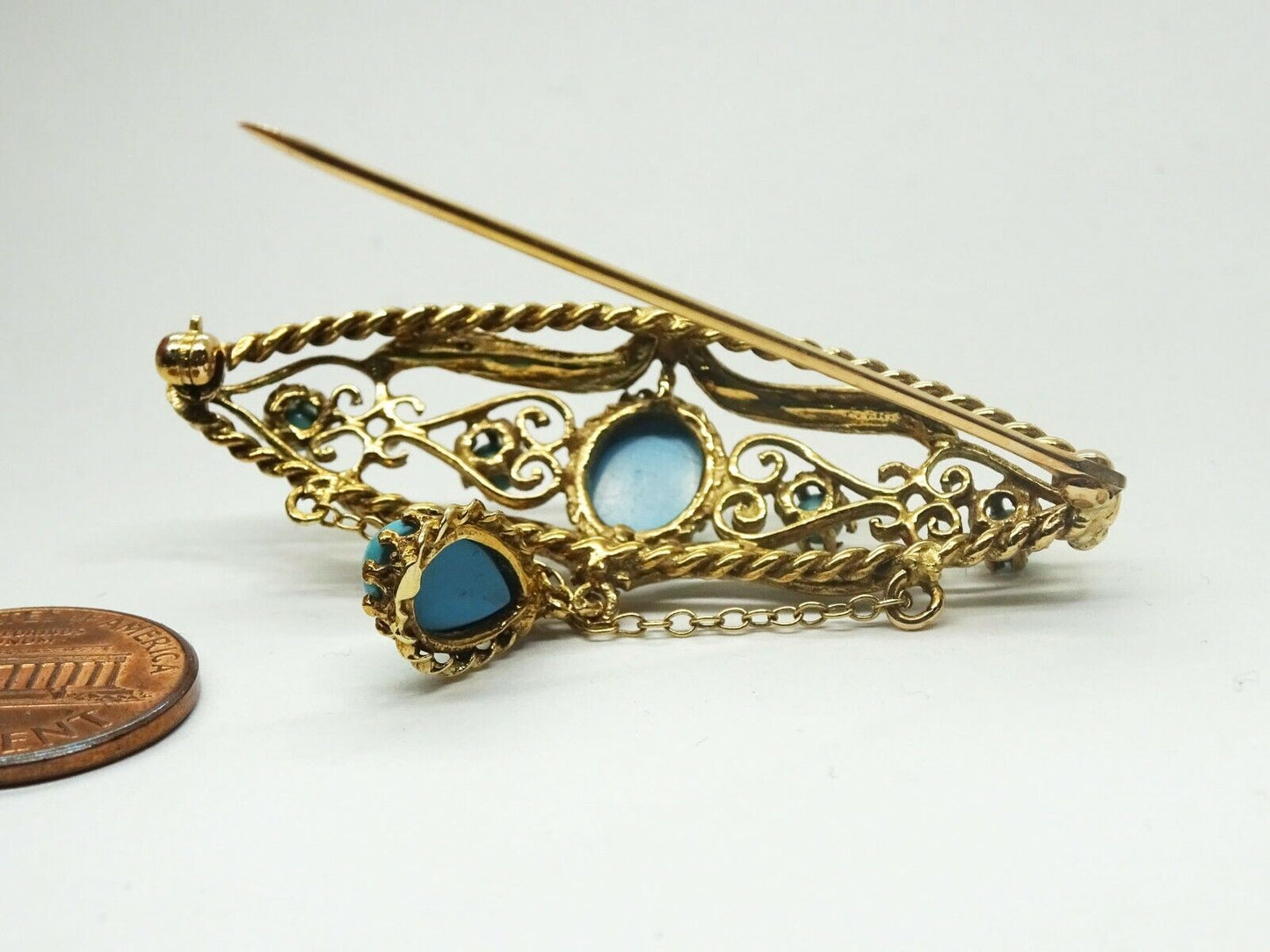 Robin's Egg Blue Persian Turquoise & Seed Pearl Dangle Filigree Brooch 14k Gold