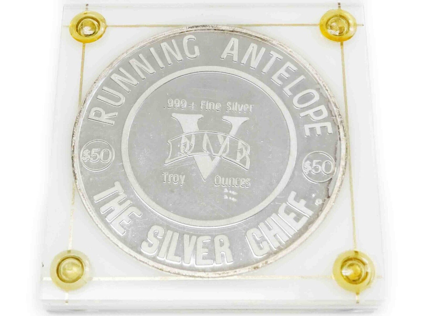 5 Troy Ounce .999 Fine Silver Round $50 Running Antelope The Silver Chief