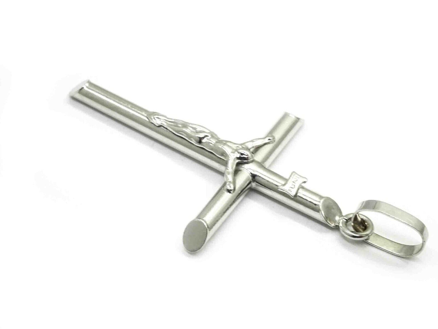 Slant End Tube Design Crucifix Pendant 14k White Gold