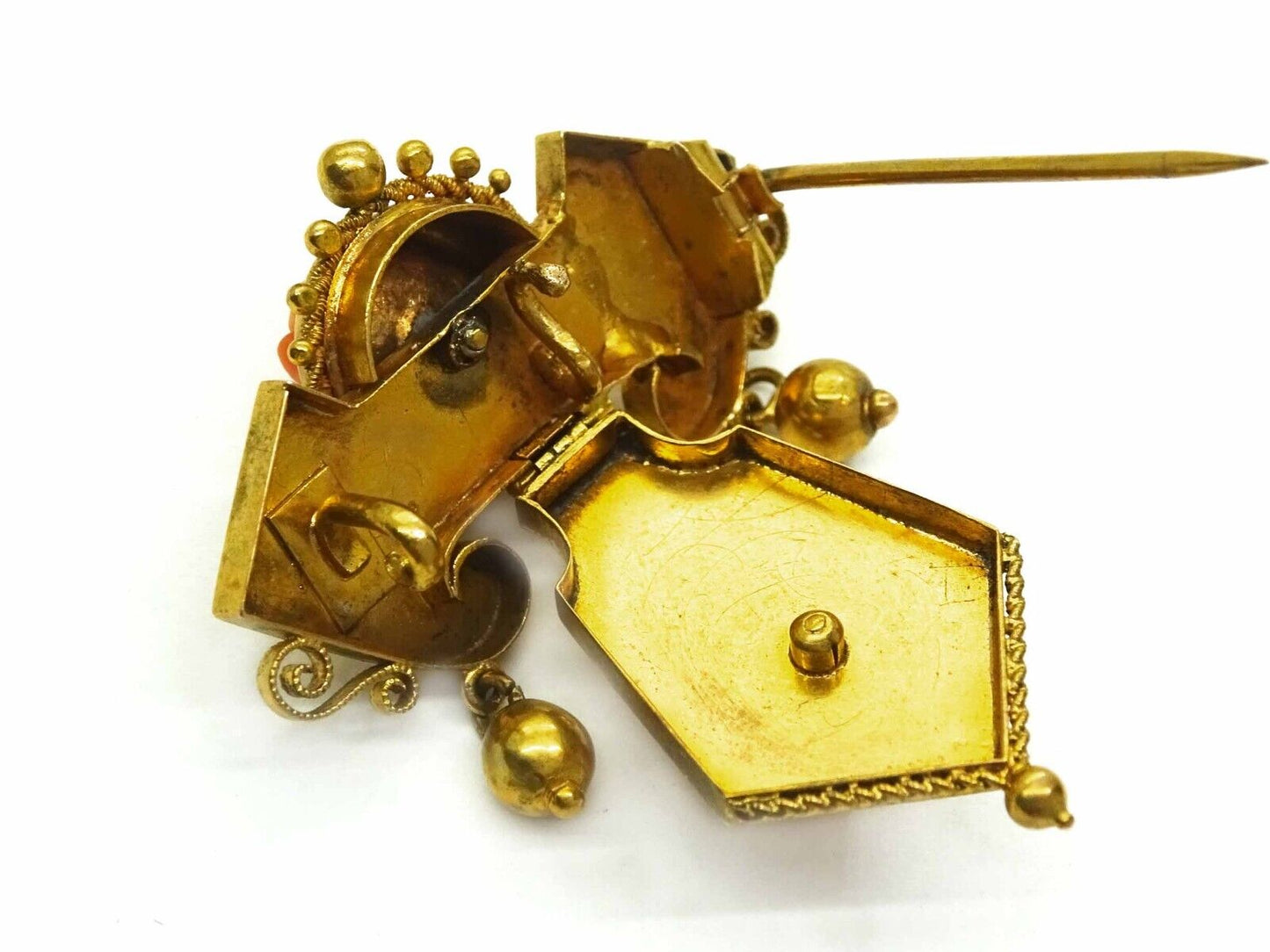 Victorian Hinged Carved Rose Red Coral Lavalier Brooch Pendant 16k Gold