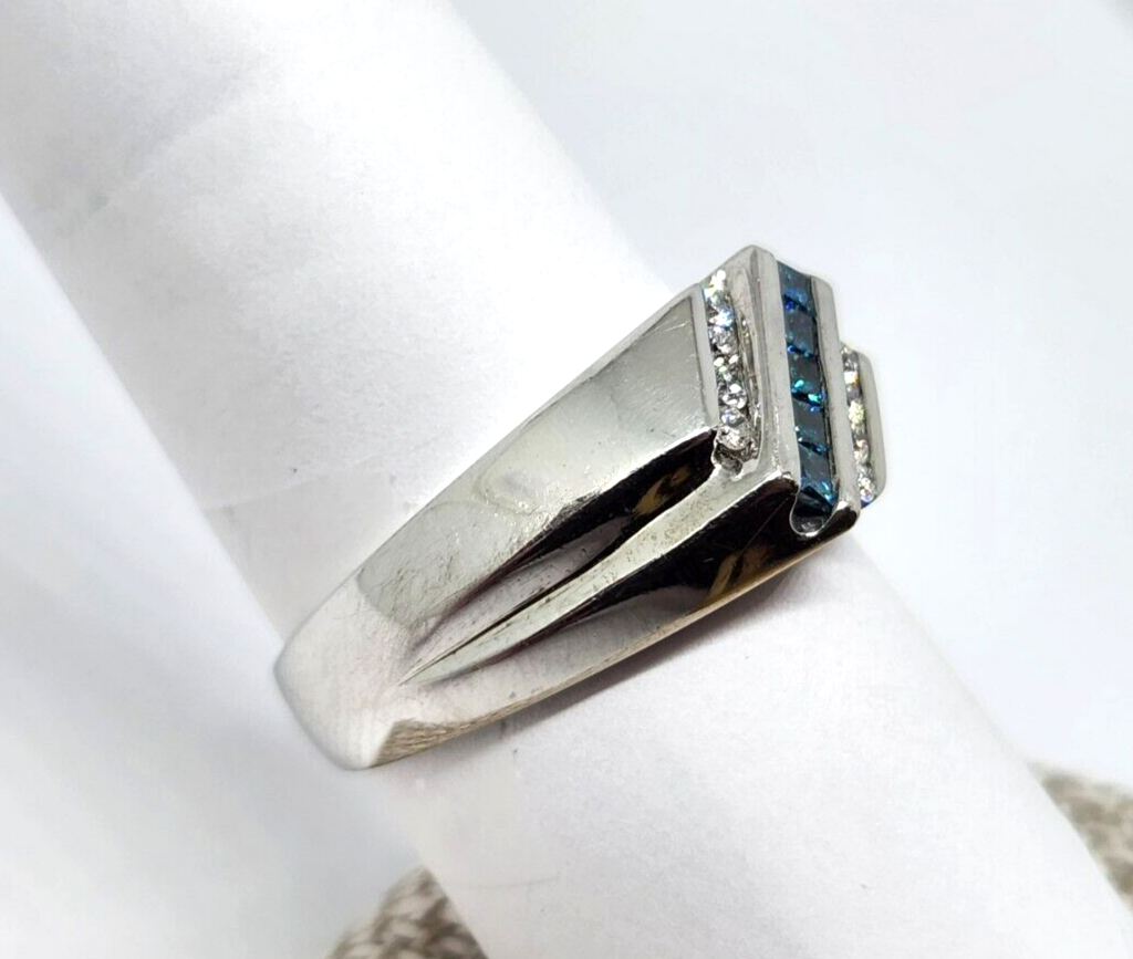 Men's 14k White Gold 0.5ct tw Princess Cut Blue & White Diamond Ring, Size 12