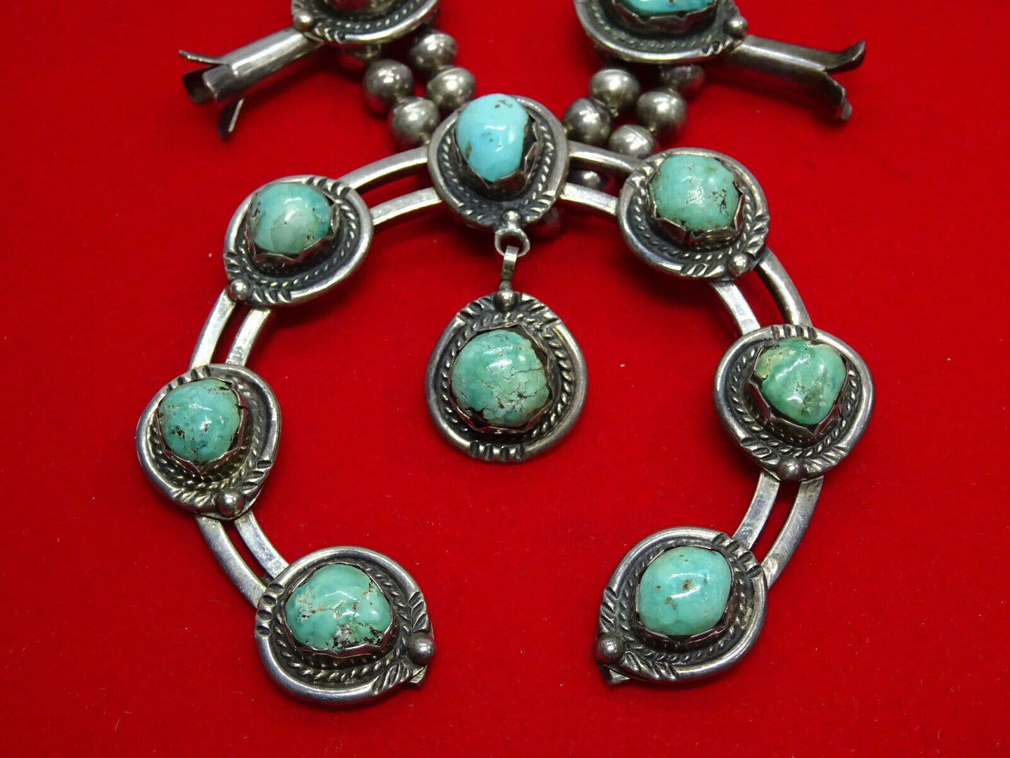 Vintage Southwestern Turquoise Nugget Squash Blossom Necklace 27" 240 Grams