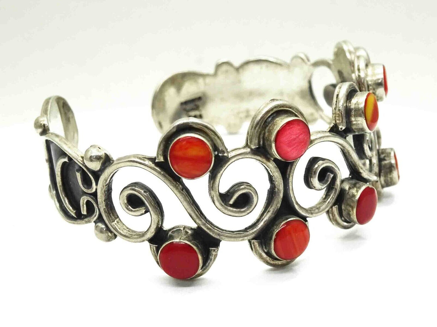 Mexico Red Agate Cabochon Openwork Cuff Bracelet Sterling Silver