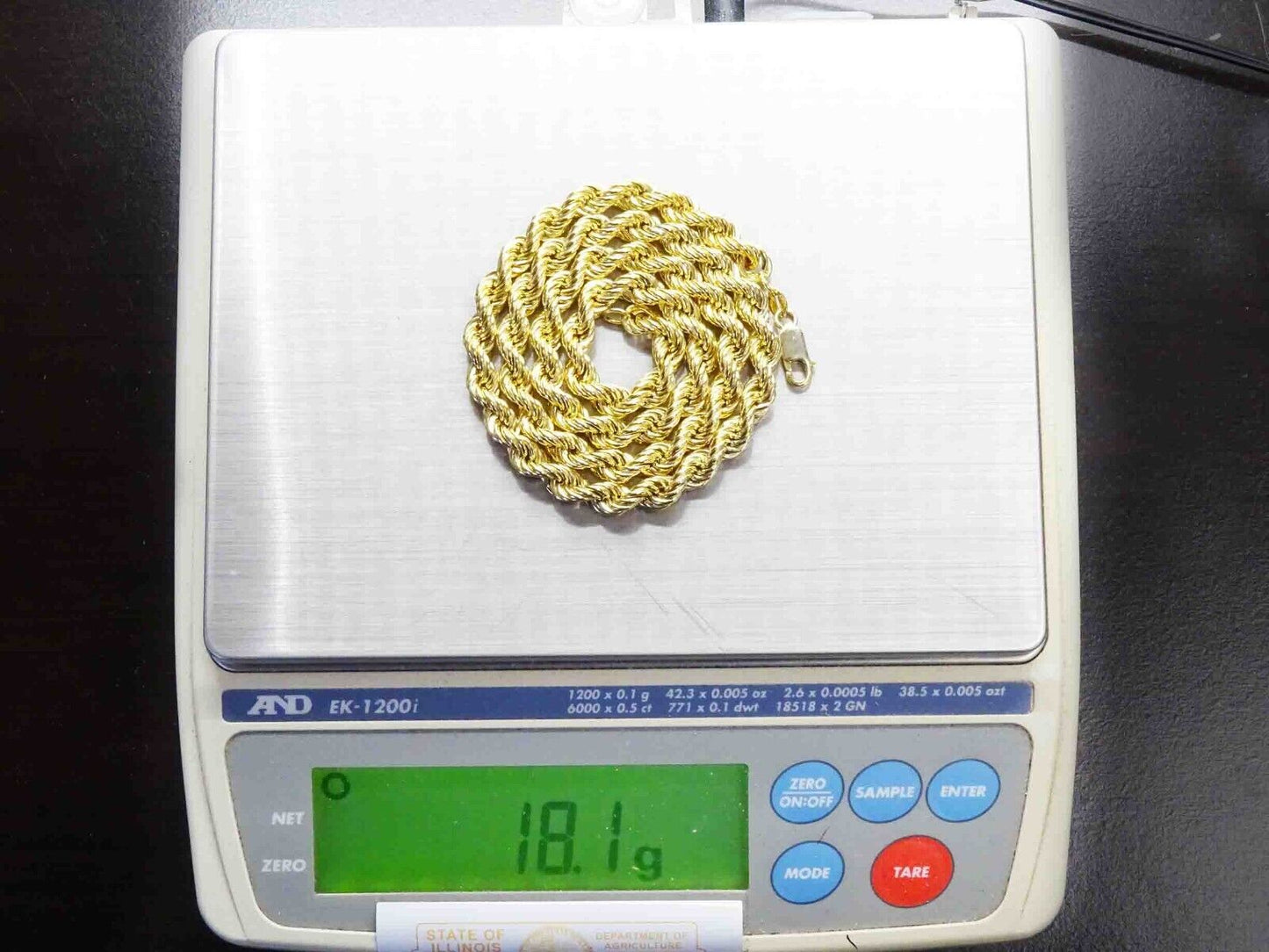 7mm Wide Rope Chain Necklace 10k Gold 22" Long 20.7 Grams