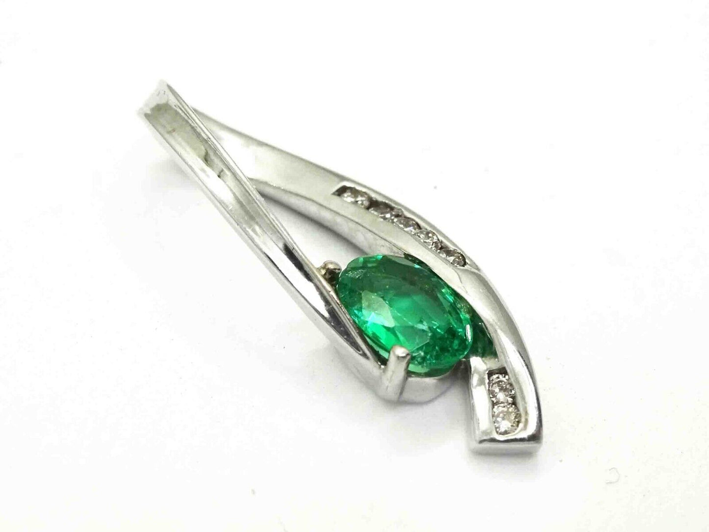 Natural Oval Emerald & Diamond Accent Open Loop Slide Pendant 14k White Gold