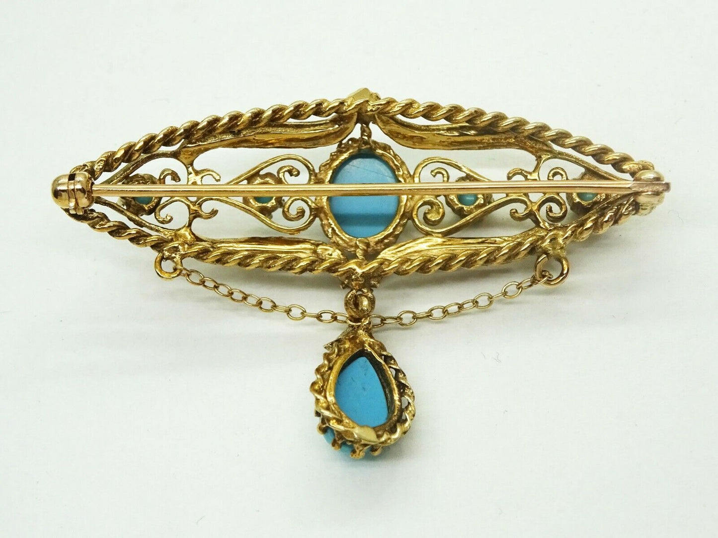 Robin's Egg Blue Persian Turquoise & Seed Pearl Dangle Filigree Brooch 14k Gold