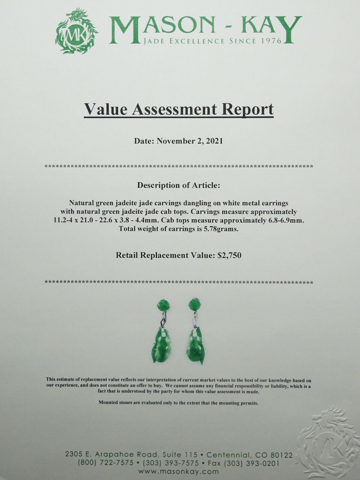 Mid Century Natural Jadeite Dangle Earrings Rhodium over Sterling w/ Mason-May