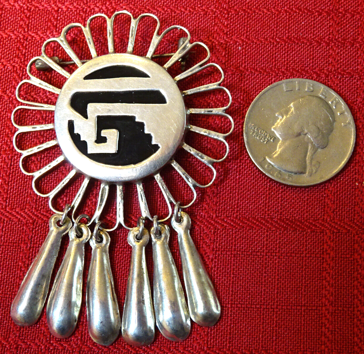 Vtg. Rare Old Pawn Taxco Sterling Silver Sun Brooch,Black Onyx Inlay 925, 20.1 g