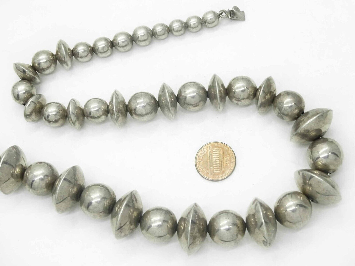 Vintage Mexico Sterling Silver Round & Saucer Bench Bead Necklace 28"