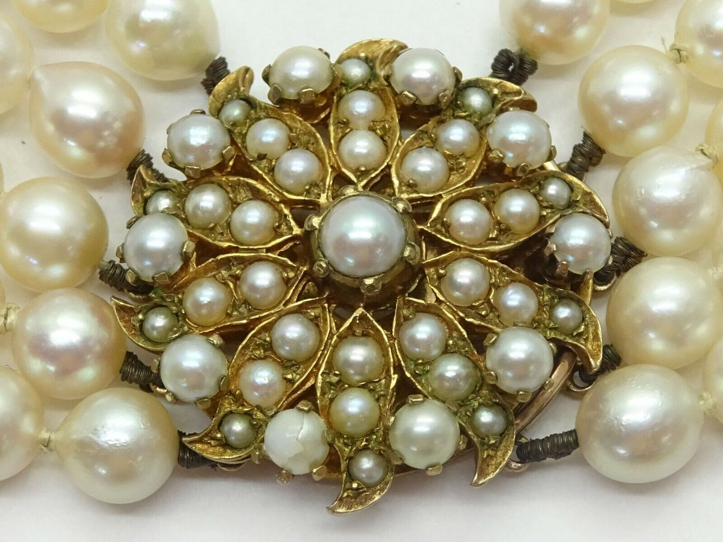 5-Strand Knotted Natural Pearl Necklace 9k Gold Signed DHJ 16”