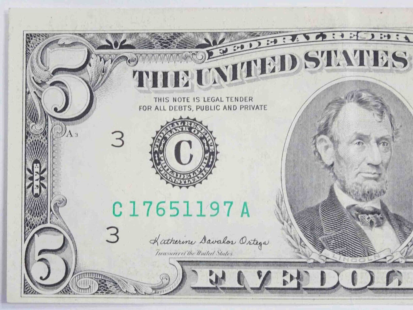 1985 $5 Federal Reserve Note Front to Back Ink Transfer Error