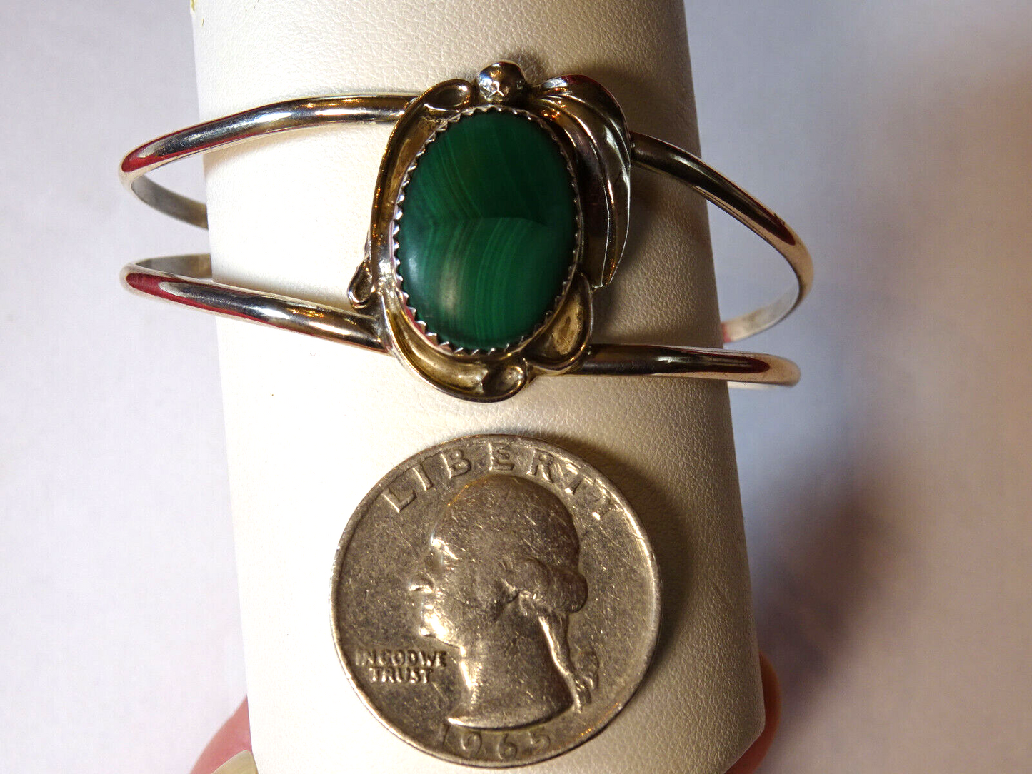 Native American Navajo Sterling Silver Malachite Cuff Bracelet, Signed TT