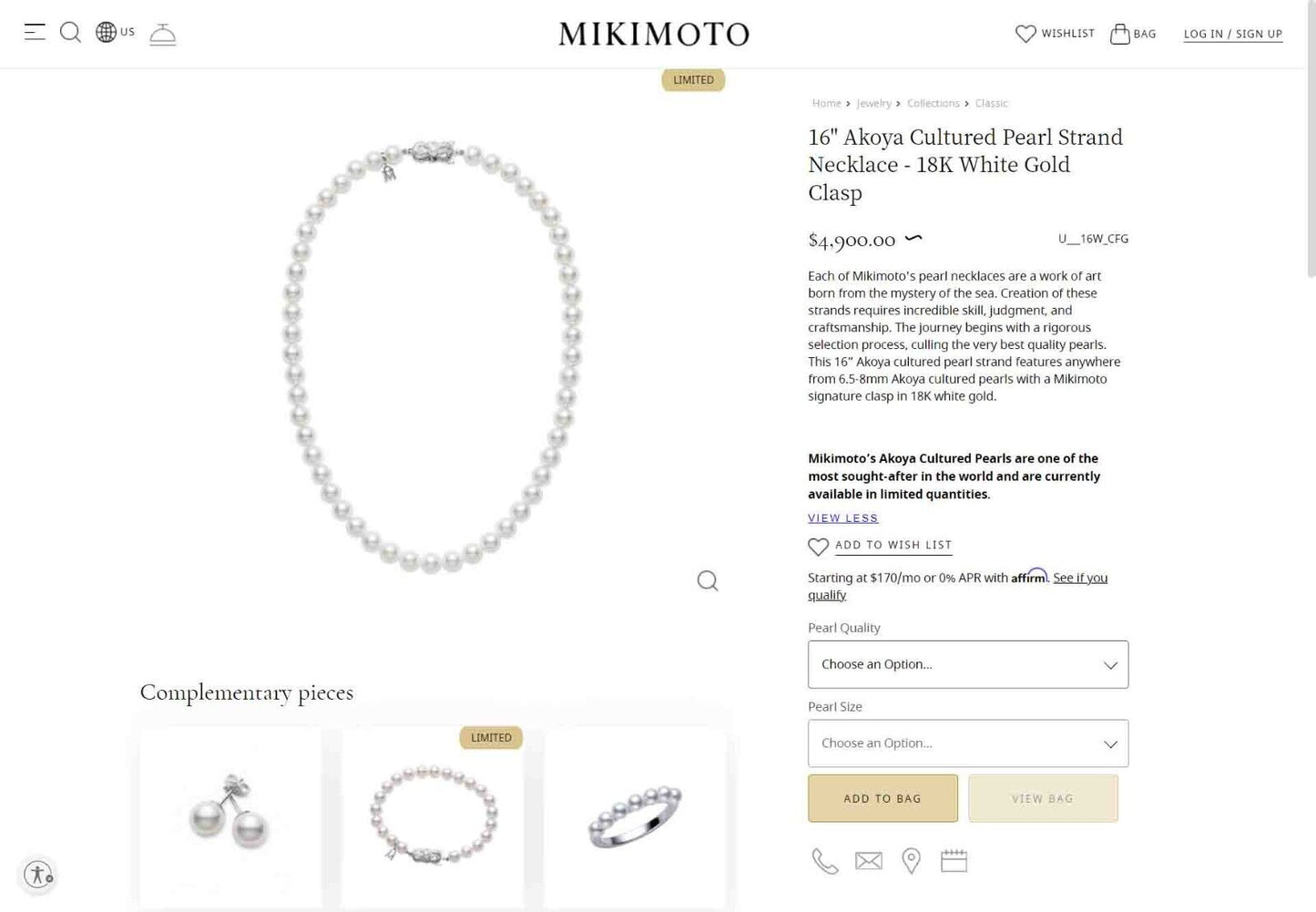 Mikimoto 6-6.5mm Akoya Cultured Pearl Bead Strand Necklace 18k White Gold 16"