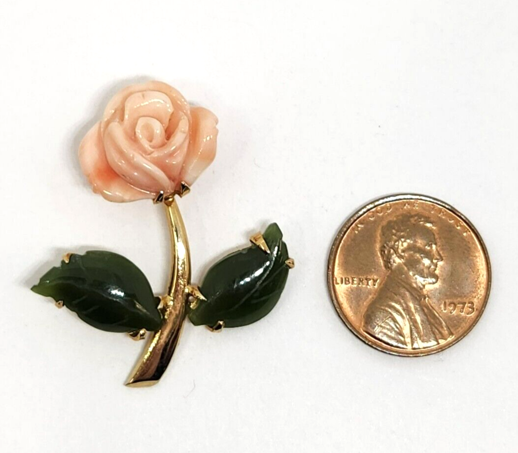 Carved Angel Skin Coral Rose Flower Nephrite Petals Gold Filled Pendant