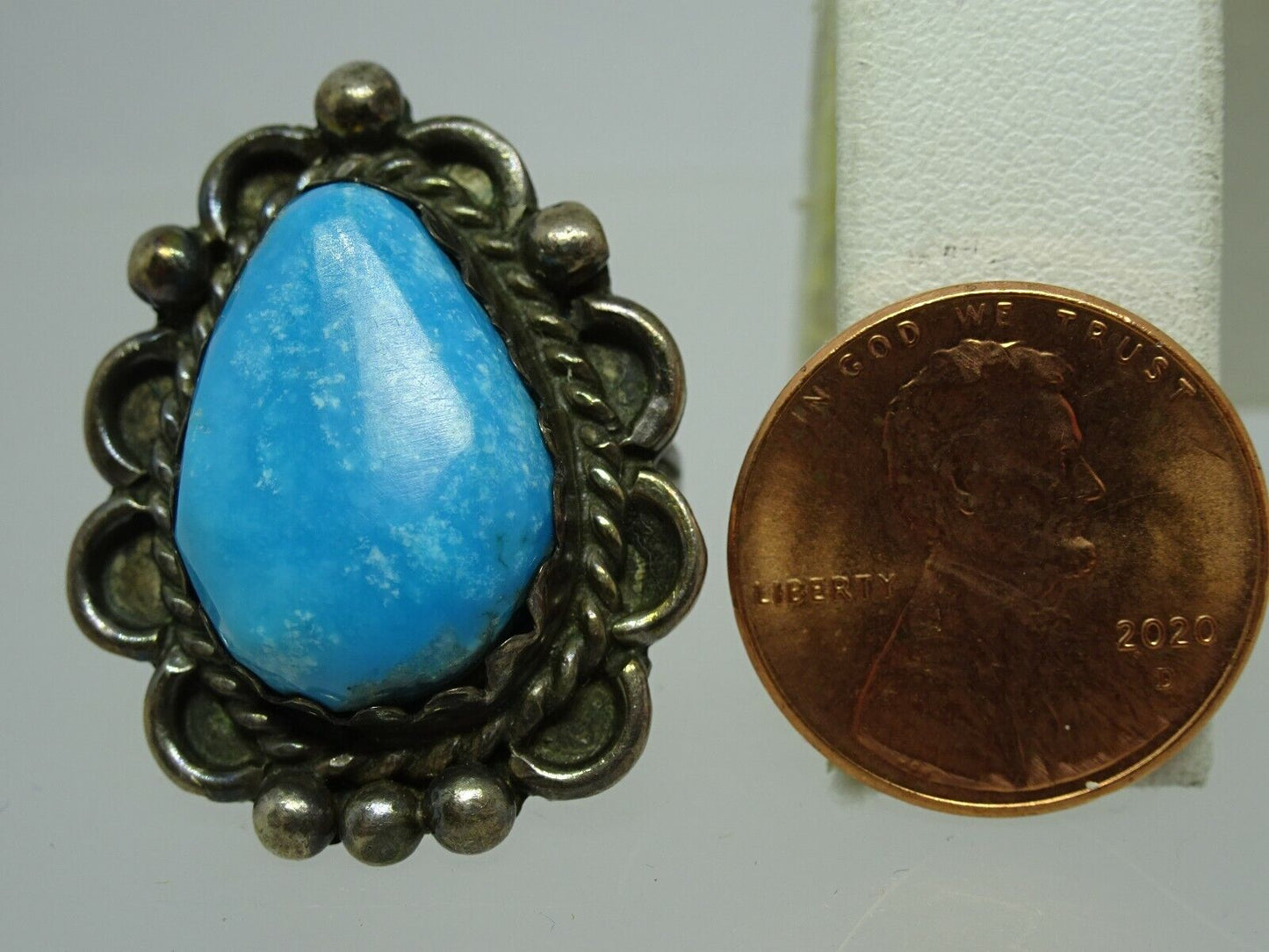 Old Pawn Native American Navajo Sterling Turquoise Ring Sawtooth Bezel Size 4.5