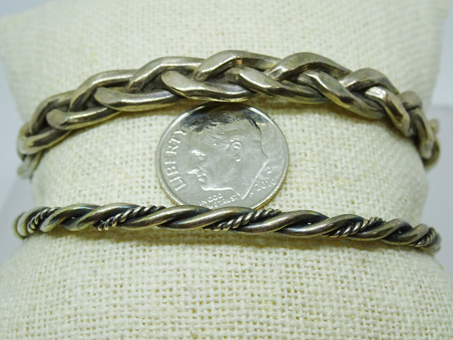 Lot of 2 Southwestern Vtg Sterling Twisted Braided Rope Cuff Bracelets, 1 signed