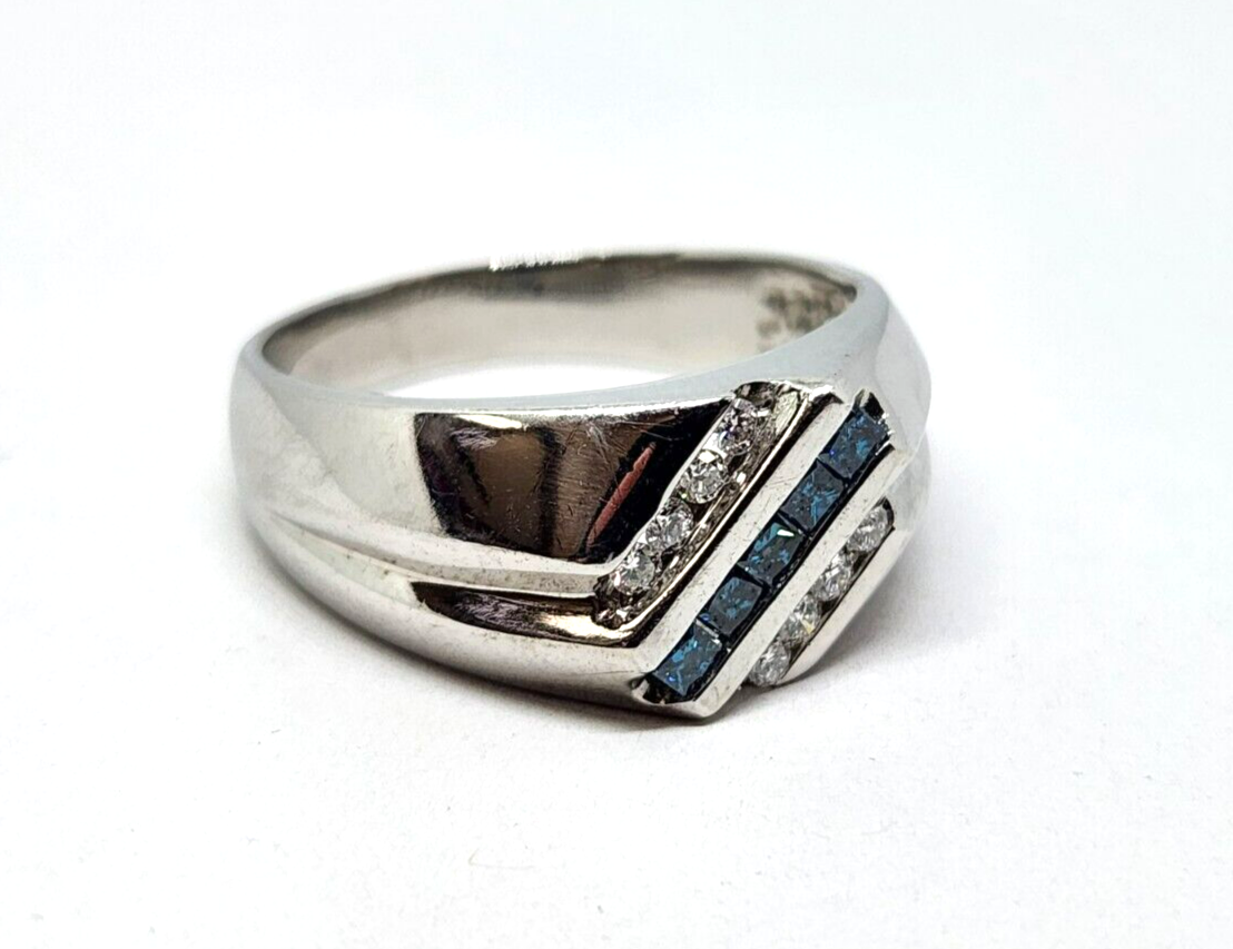 Men's 14k White Gold 0.5ct tw Princess Cut Blue & White Diamond Ring, Size 12