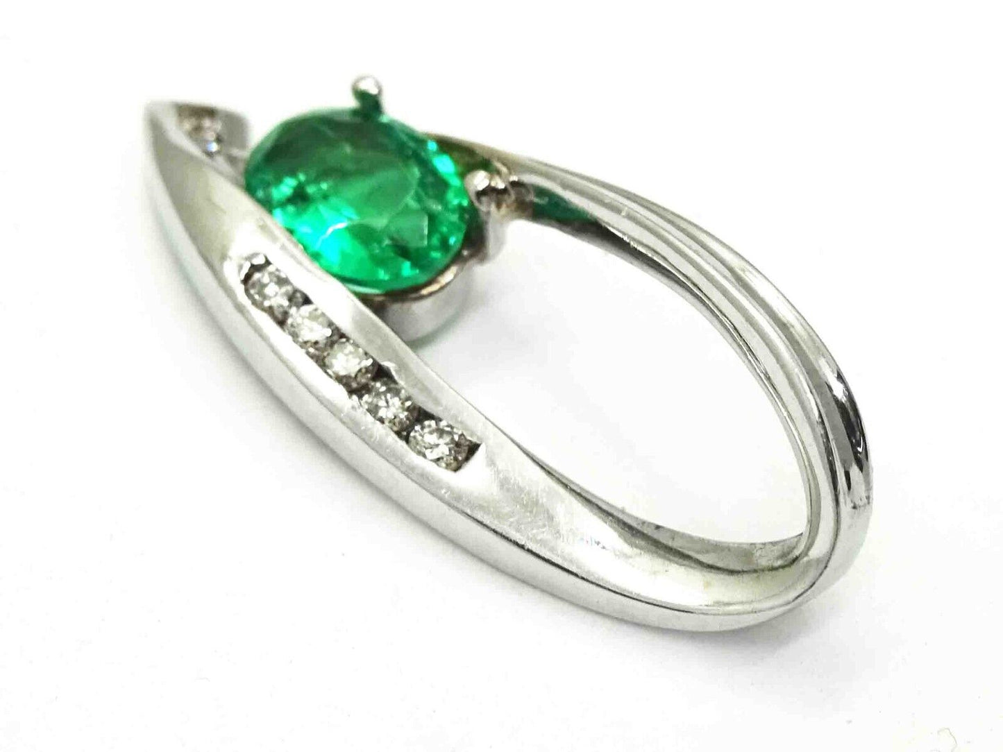 Natural Oval Emerald & Diamond Accent Open Loop Slide Pendant 14k White Gold