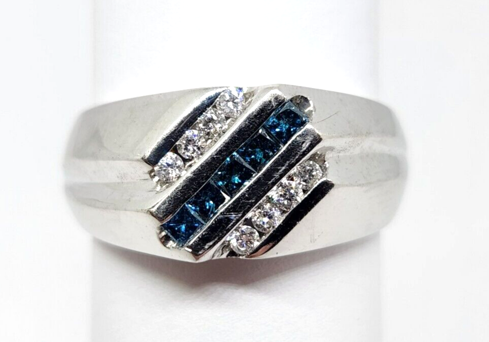 Men's 14k White Gold 0.5ct tw Princess Cut Blue & White Diamond Ring, Size 12