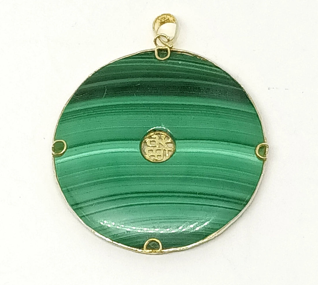 14k Yellow Gold Malachite Good Fortune Butterfly Disc/Donut Pendant