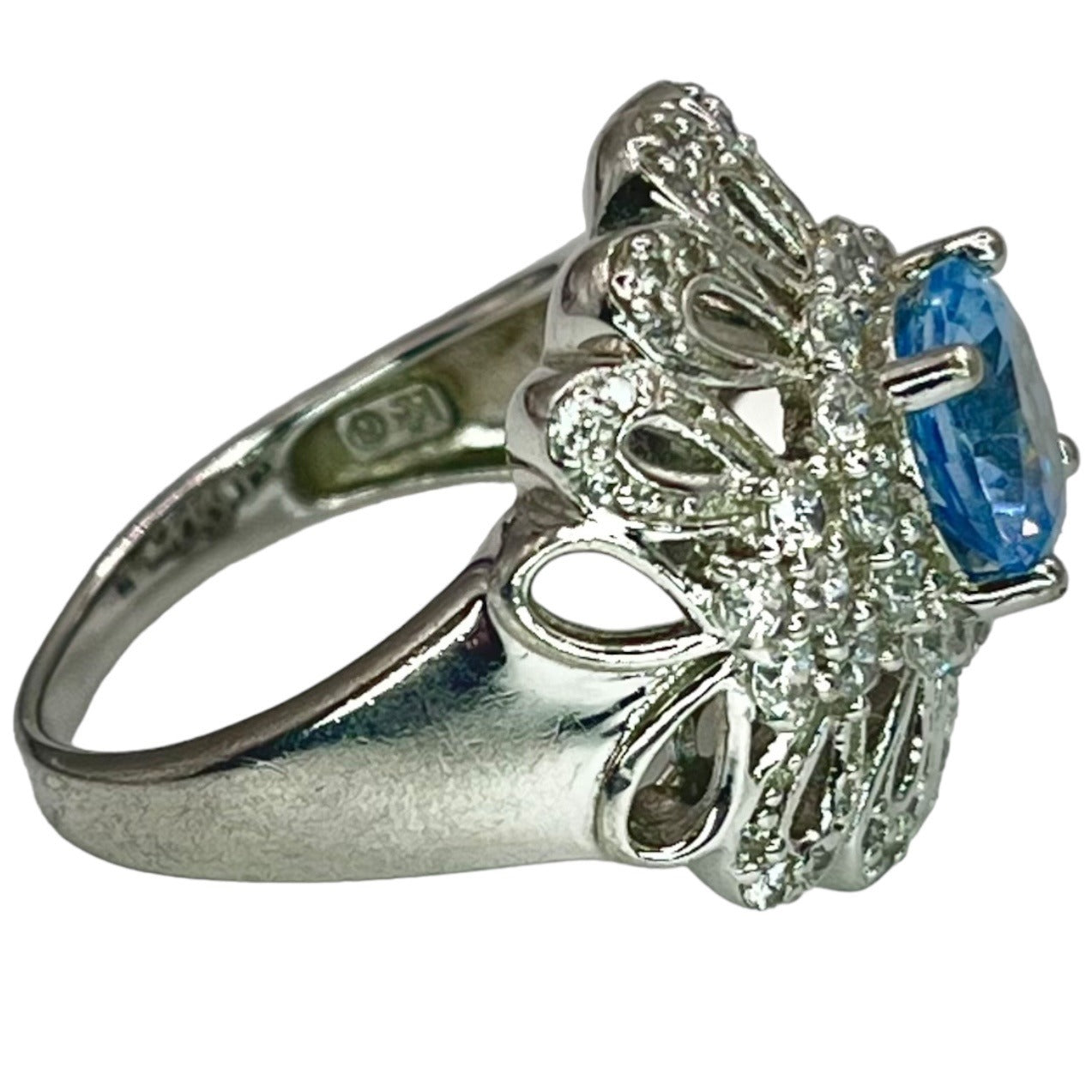 925 Sterling Silver Blue White CZ Accent Filigree Large Cocktail Ring Size 7.75