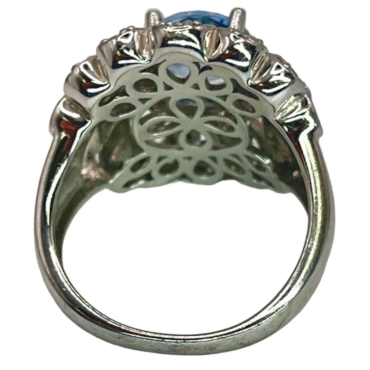 925 Sterling Silver Blue White CZ Accent Filigree Large Cocktail Ring Size 7.75