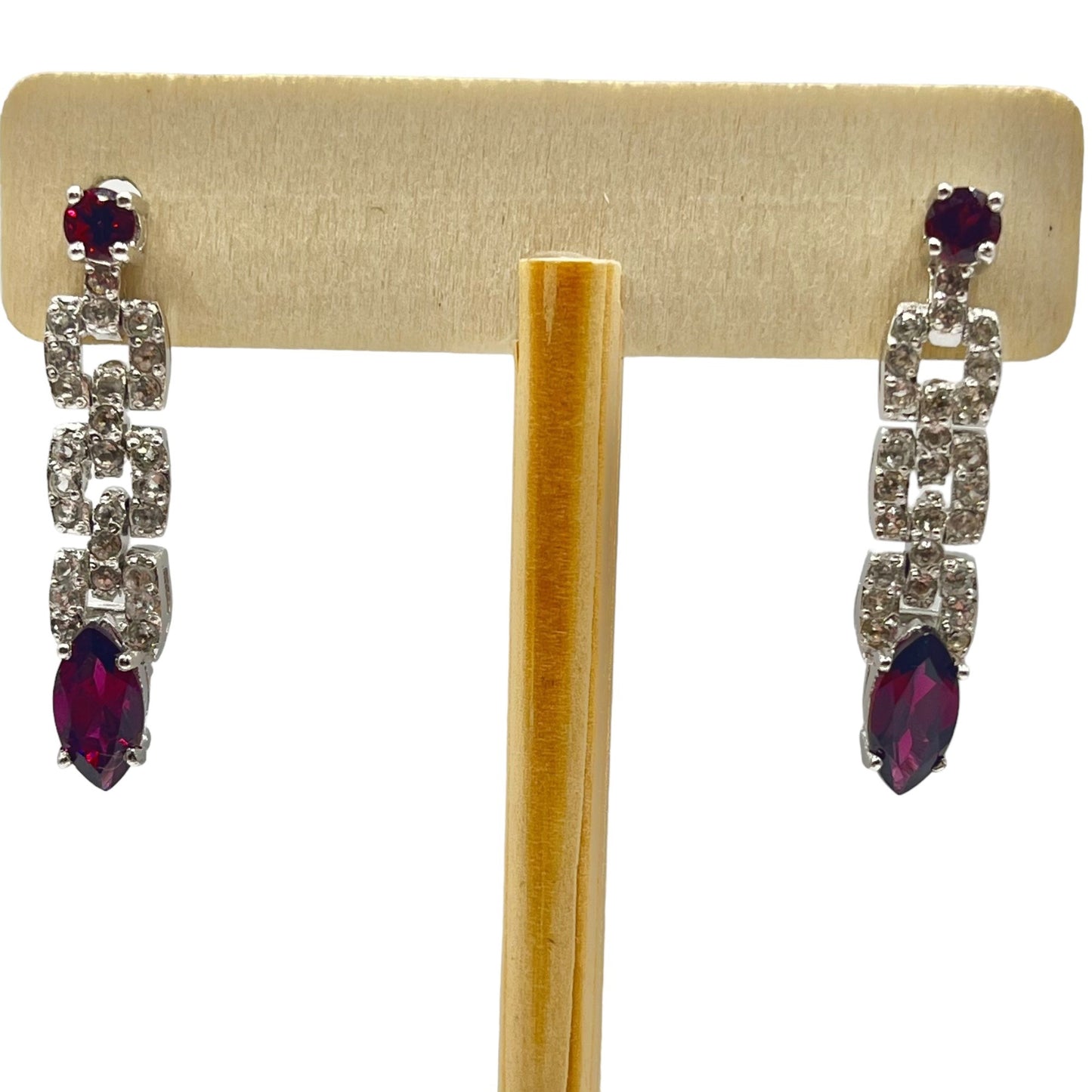 925 Sterling Silver Rhodolite Garnet Dangle Drop Earrings CZ Accents Elegant