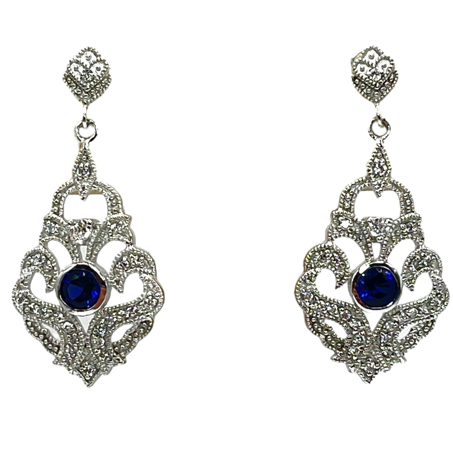 925 Sterling Silver CJW China Drop Dangle Earrings Blue Glass Filigree Ornate