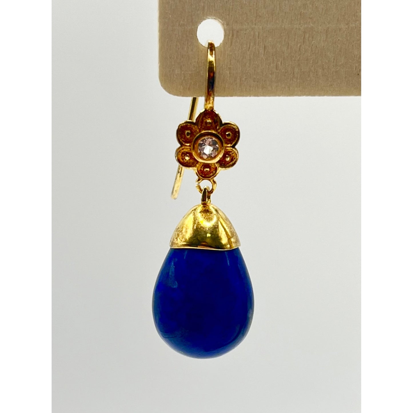 Veronese Blue Lapis Dangle Drop Earrings Sterling Silver Gold Vermeil CZ Flowers