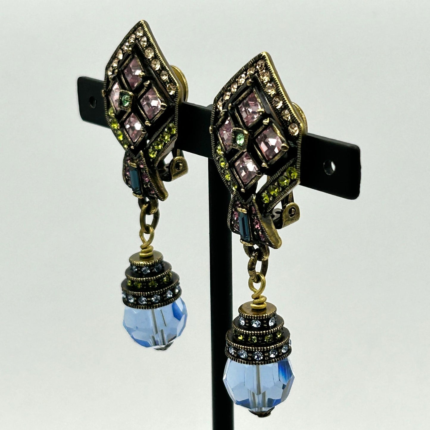 Heidi Daus Rhinestone Blue Glass Drop Dangle Women's Clip on Earrings Multicolor
