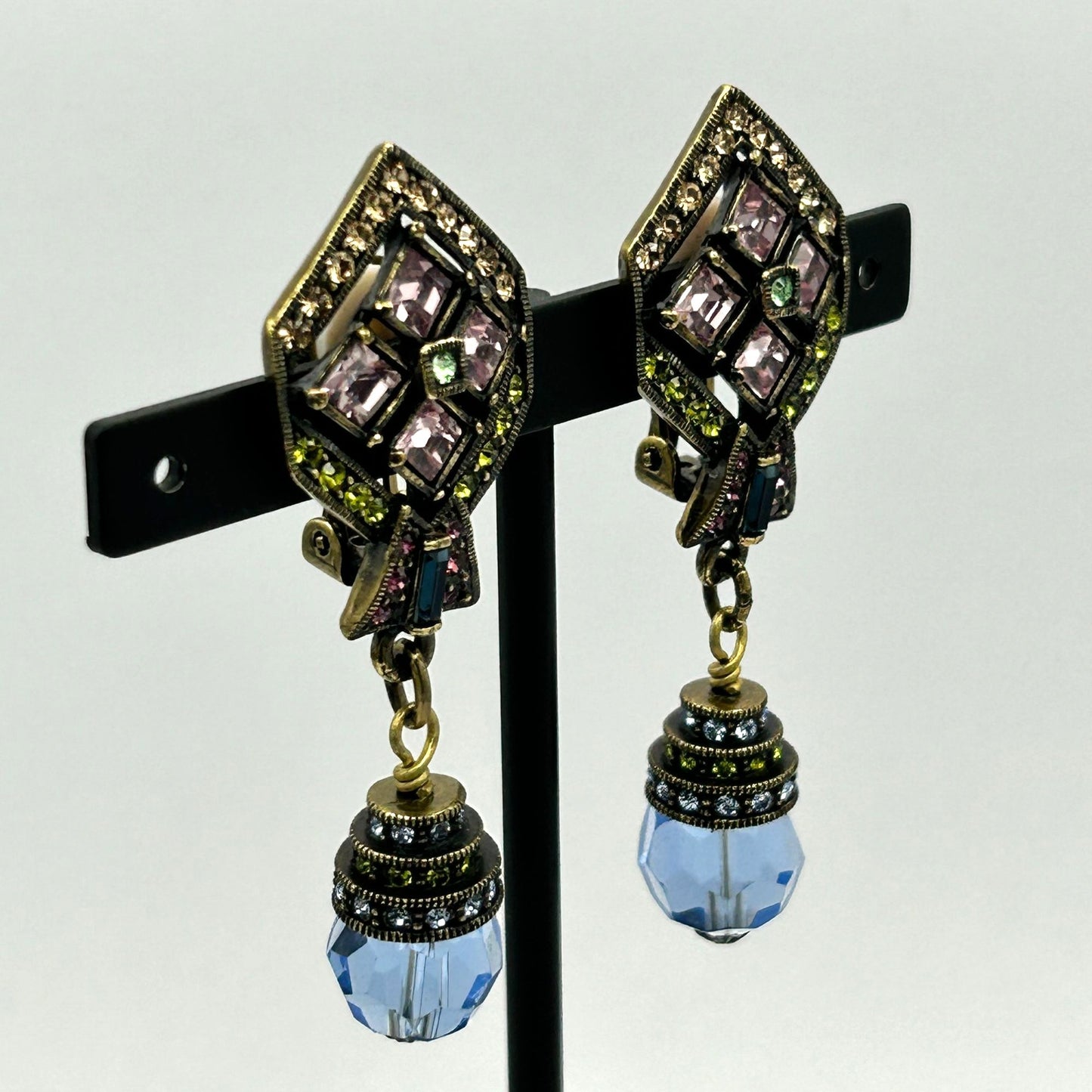 Heidi Daus Rhinestone Blue Glass Drop Dangle Women's Clip on Earrings Multicolor